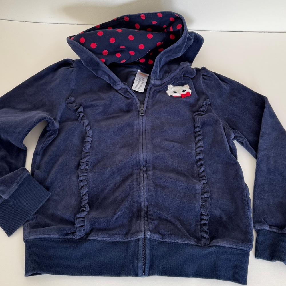 Navy Blue velour Kids Hoodie with Cat Patch